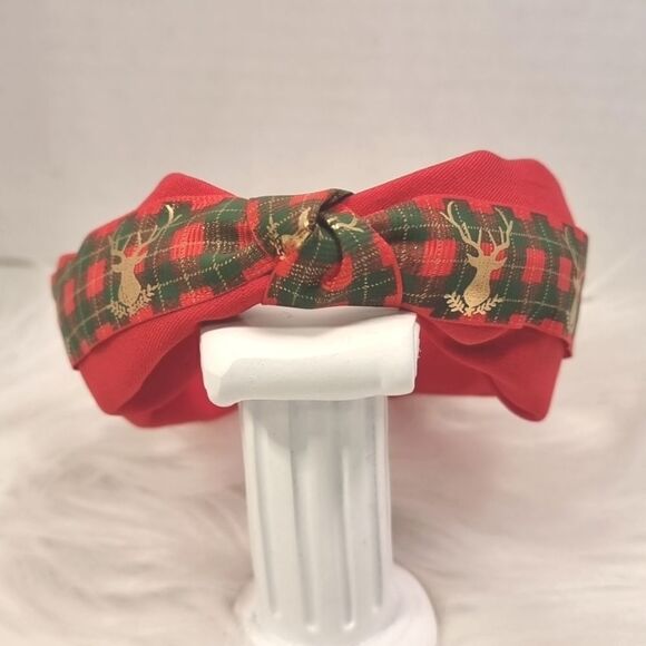 GOLD DEER RED GREEN PLAID CHRISTMAS HEADBAND - Picture 2 of 5
